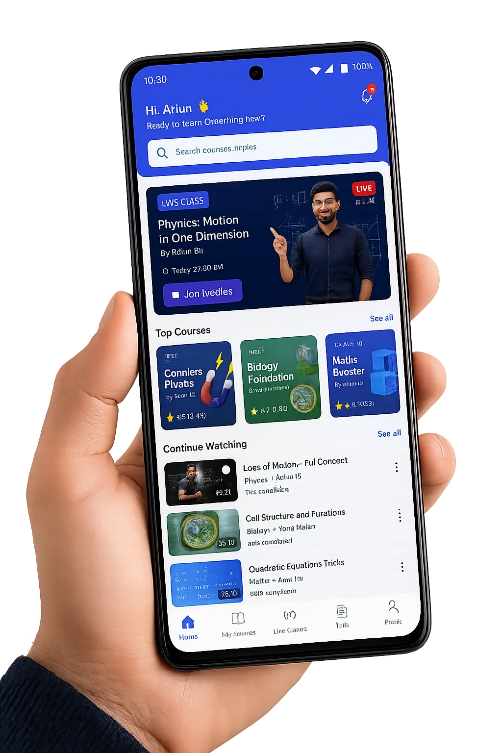 EduTech student Android app — live class, top courses and continue watching