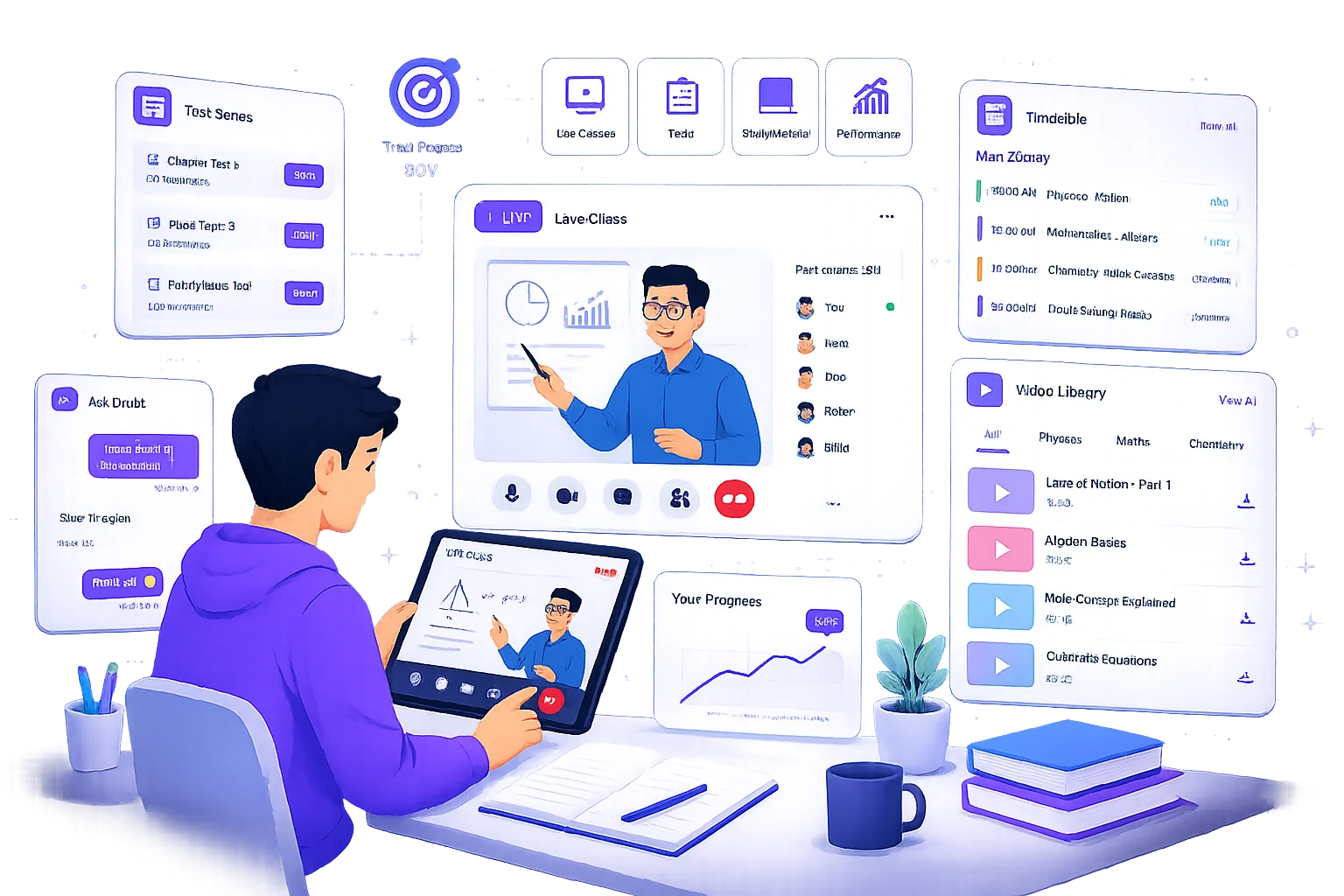 EduTech platform — live class, test series, video library and timetable