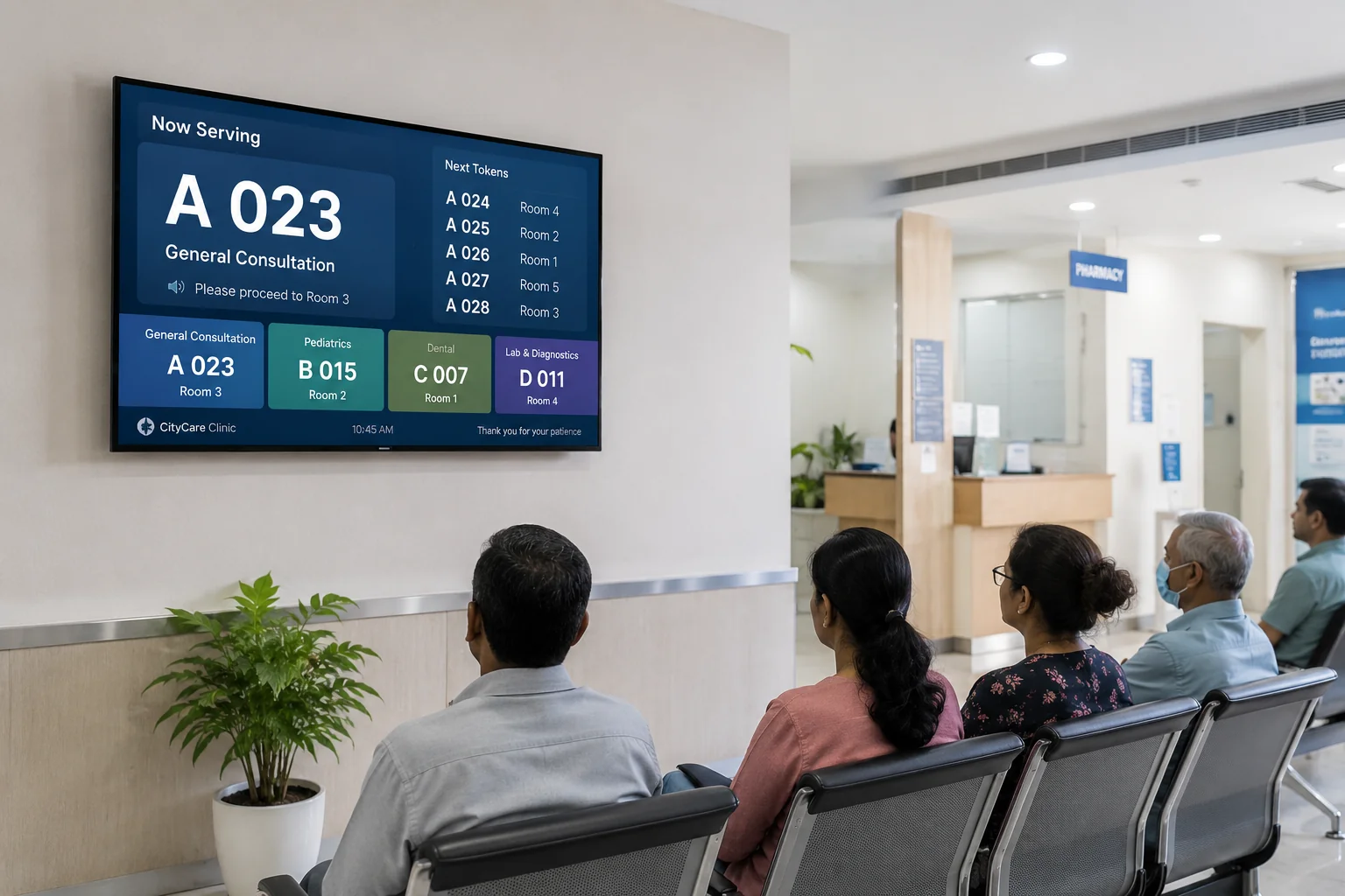 Waiting-room TV showing the live token queue — now serving and next tokens by department